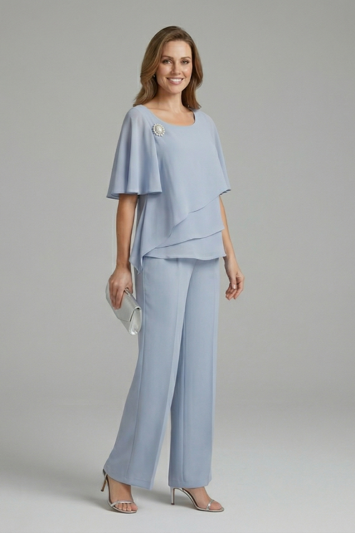 Womens Top and Trousers Set Layered Top Straight Leg