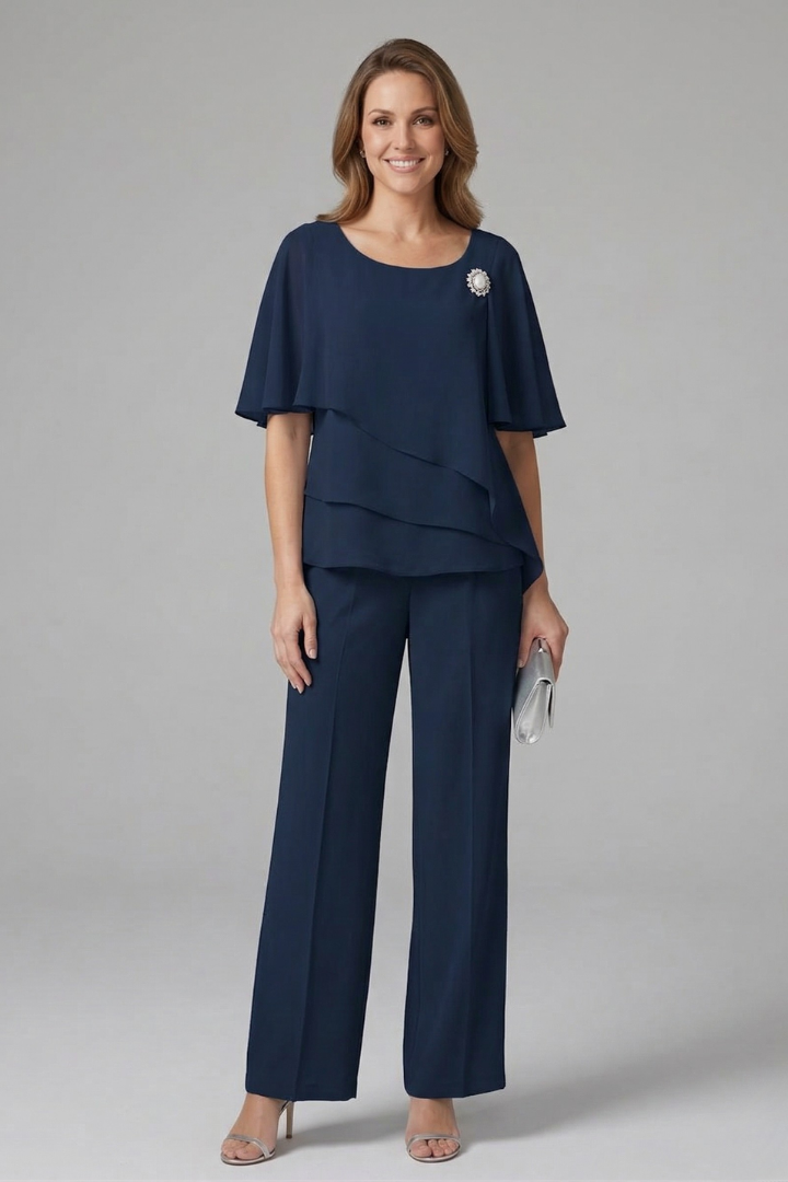 Womens Top and Trousers Set Layered Top Straight Leg