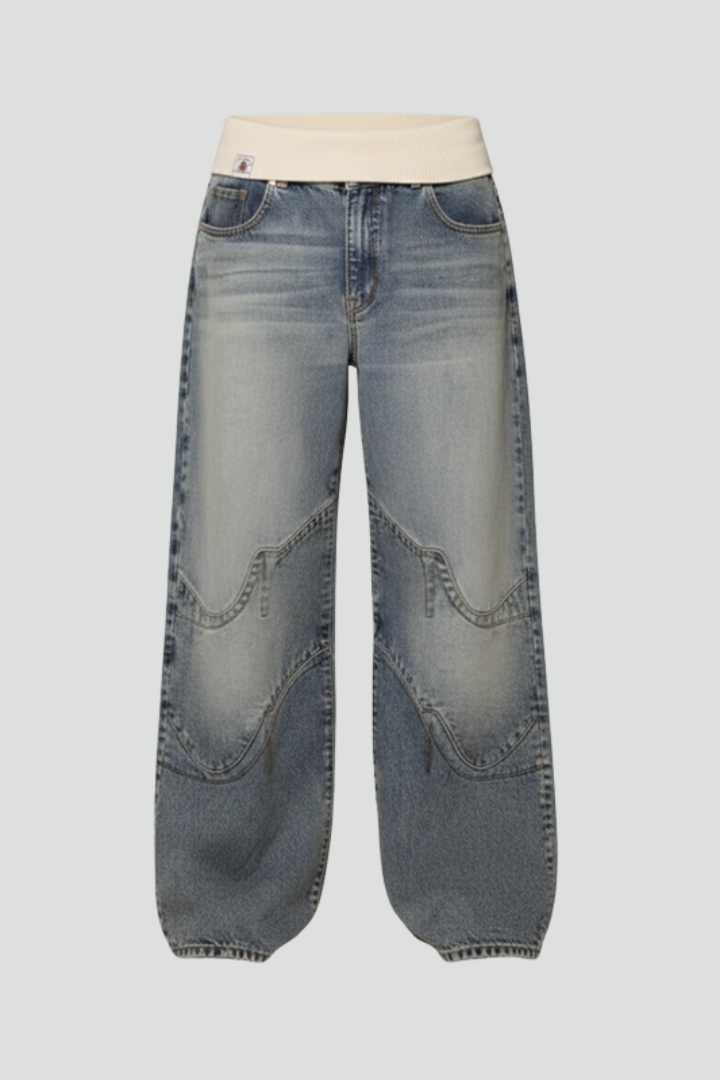 Womens Barrel Leg Jeans with Contrast Waistband - BritishMode