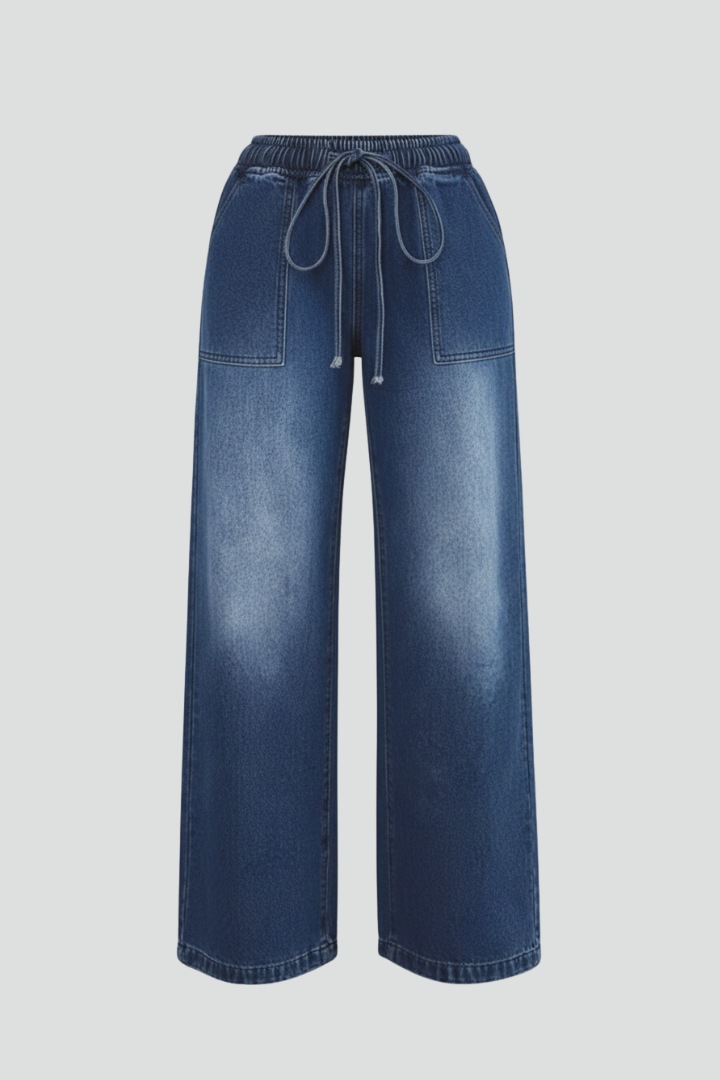 Womens Denim Trousers Drawstring Waist Wide Leg - BritishMode