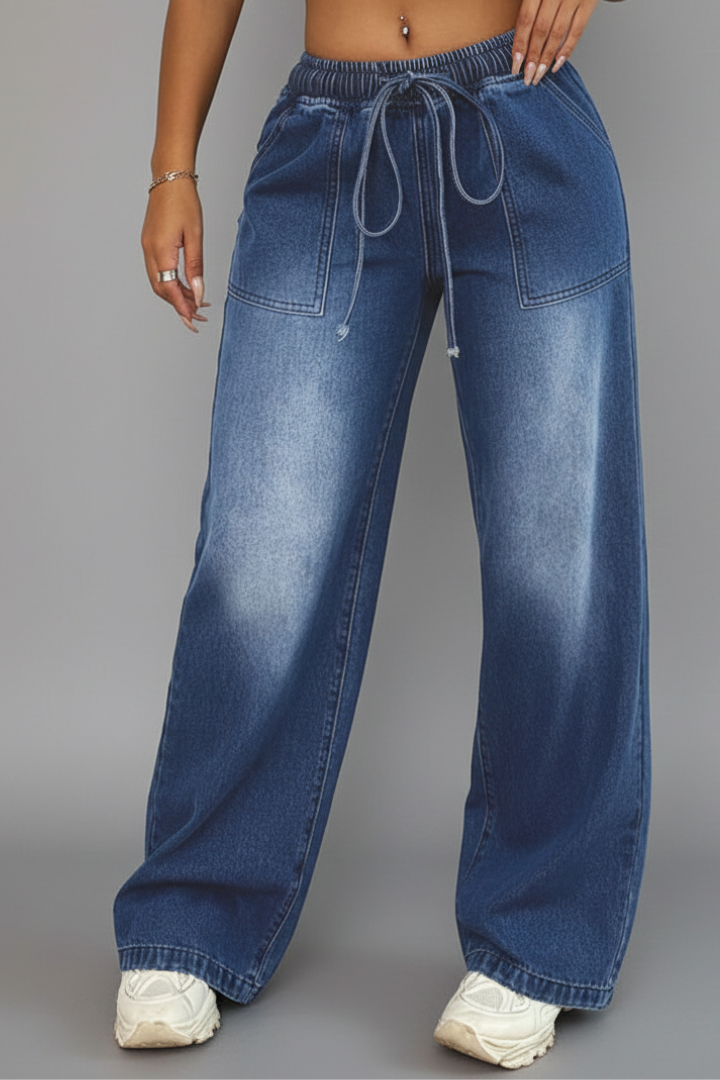 Womens Denim Trousers Drawstring Waist Wide Leg