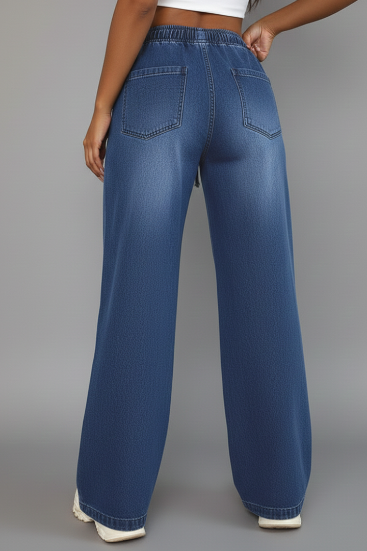 Womens Denim Trousers Drawstring Waist Wide Leg