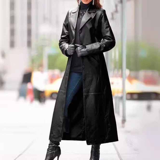 Womens Vegan Leather Coat with Button Detail - BritishMode