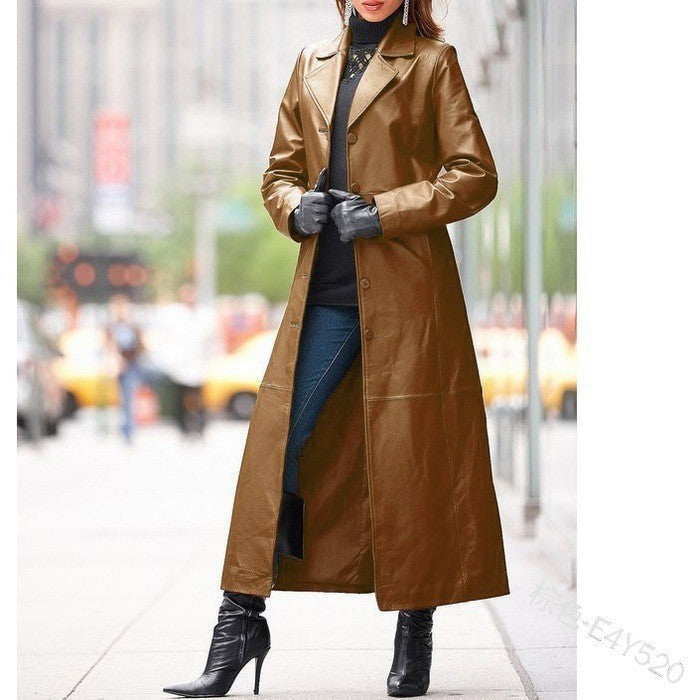 Womens Vegan Leather Coat with Button Detail
