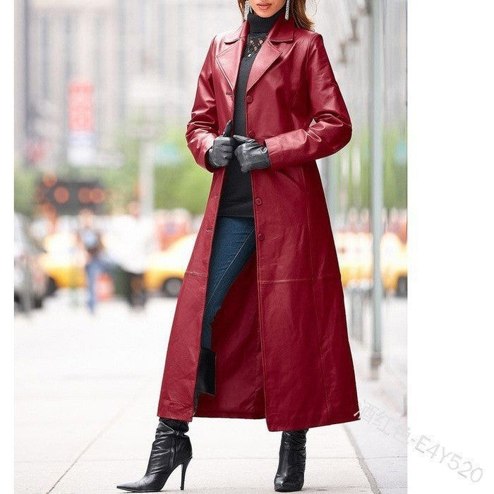 Womens Vegan Leather Coat with Button Detail