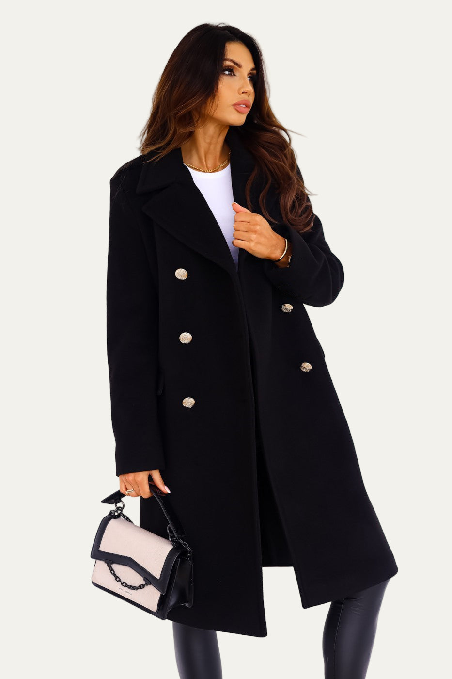 Womens Long Double-Breasted Coat with Button Closure
