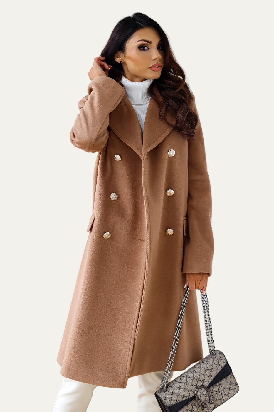 Womens Long Double-Breasted Coat with Button Closure