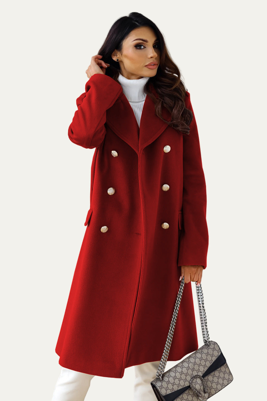 Womens Long Double-Breasted Coat with Button Closure
