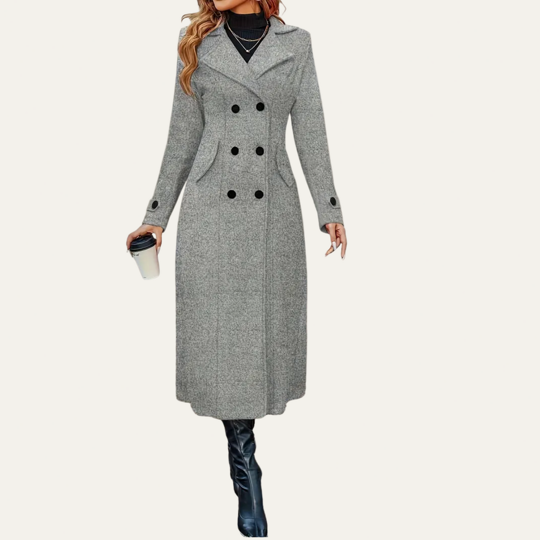 Womens Long Double-Breasted Coat Elegant Fit - BritishMode