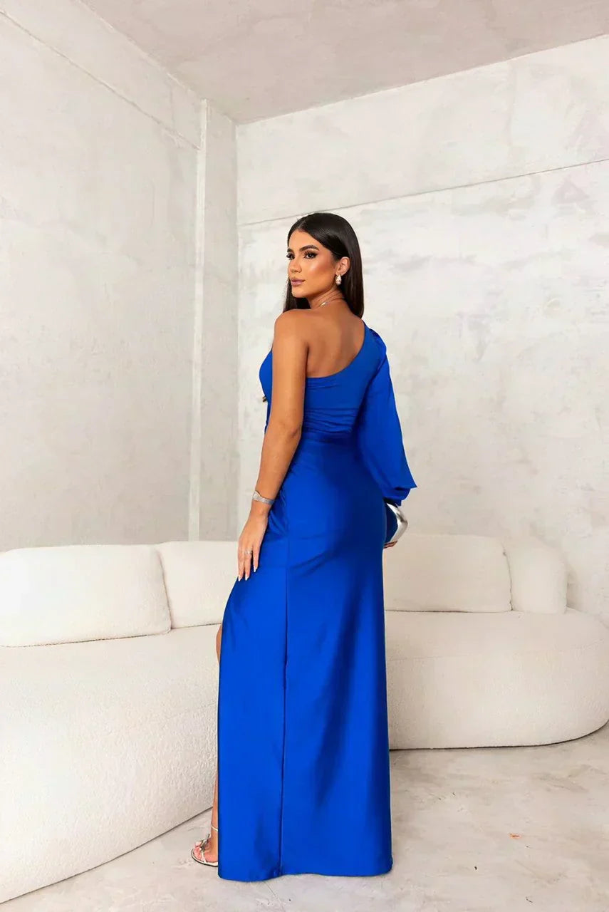 Womens Maxi Dress One-Shoulder Fluid Fabric Formal Evening
