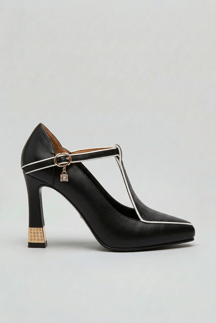 Womens Heels T-Bar Strap Trim Detail - BritishMode