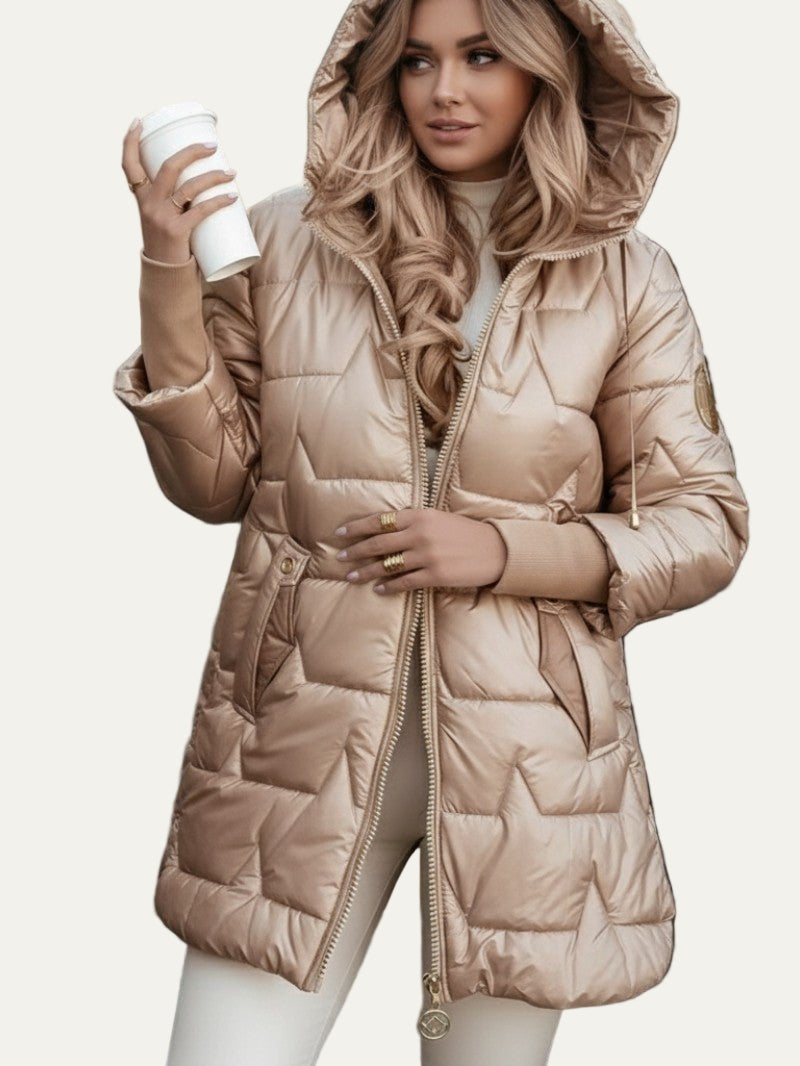 Womens Mid-Length Puffer Coat with Shiny Finish - BritishMode