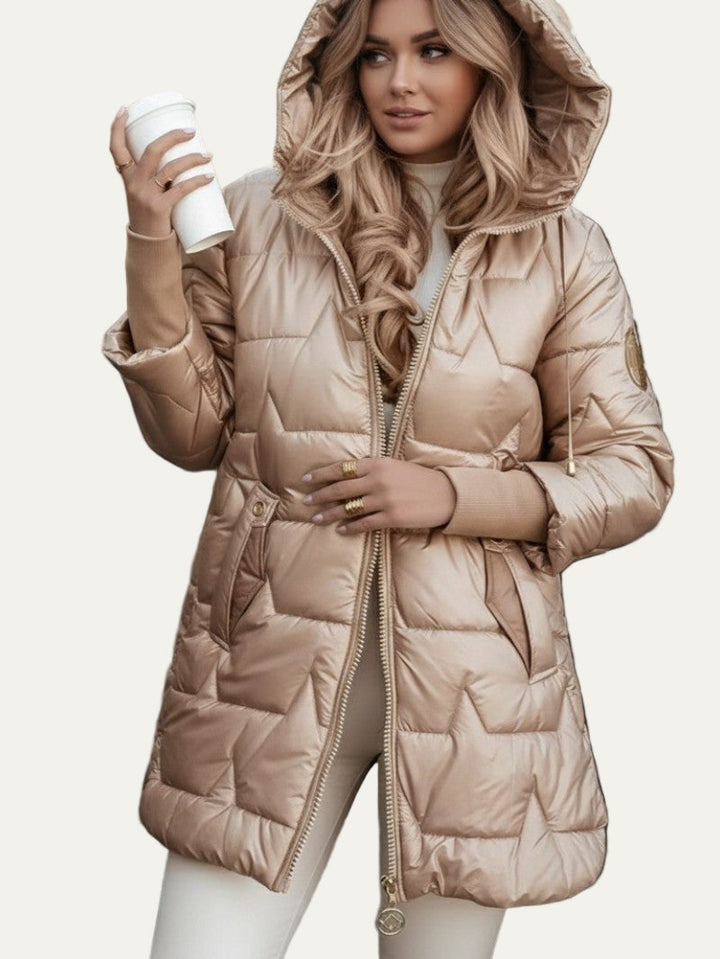 Womens Mid-Length Puffer Coat with Shiny Finish - BritishMode