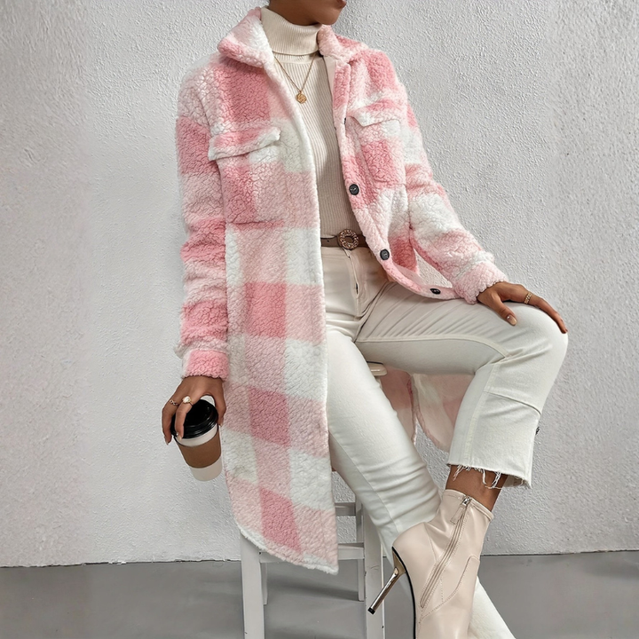 Womens Long Plaid Coat Wool Blend Full-Length with Pockets - BritishMode
