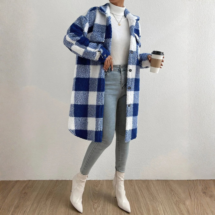 Womens Long Plaid Coat Wool Blend Full-Length with Pockets