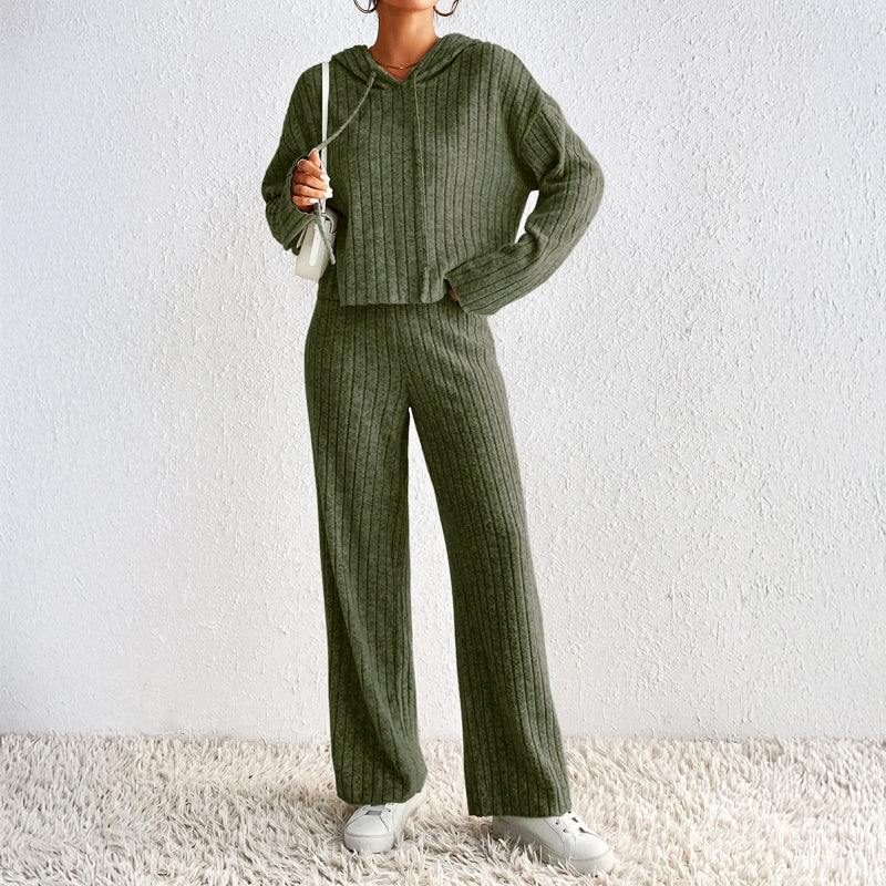 Womens Loungewear Set Ribbed Knit Cropped Hoodie High-Waisted Pants