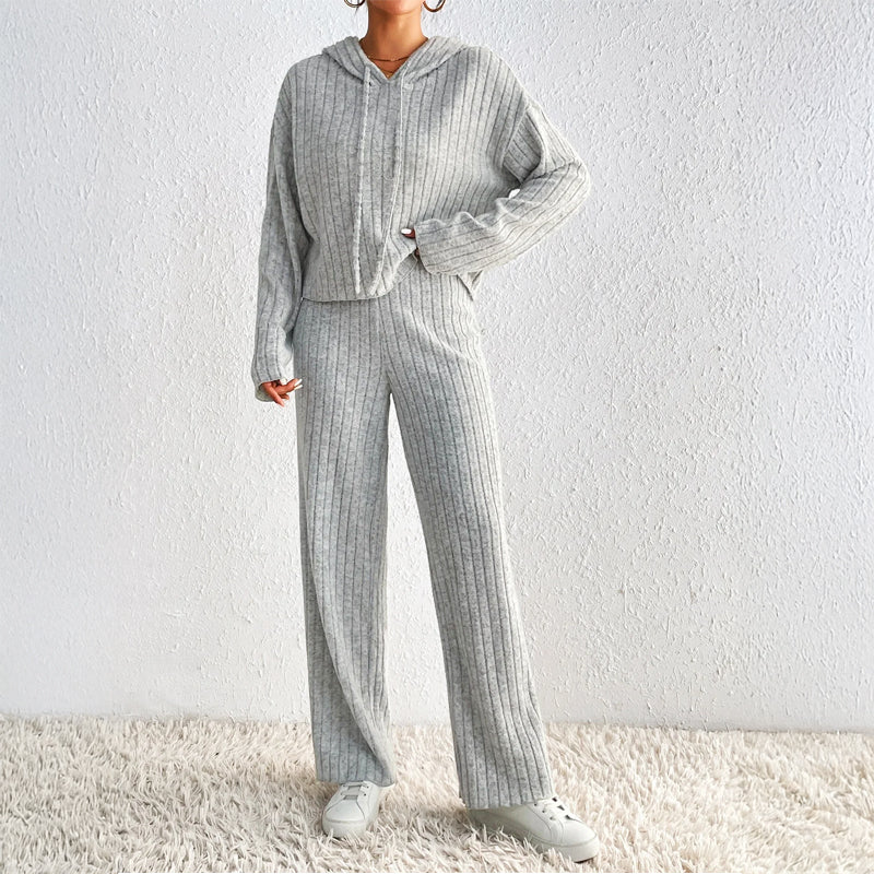 Womens Loungewear Set Ribbed Knit Cropped Hoodie High-Waisted Pants