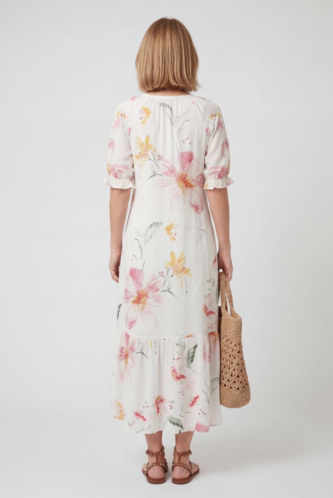 Womens Maxi Dress Boho Print Tie-Neck Tassel Detail