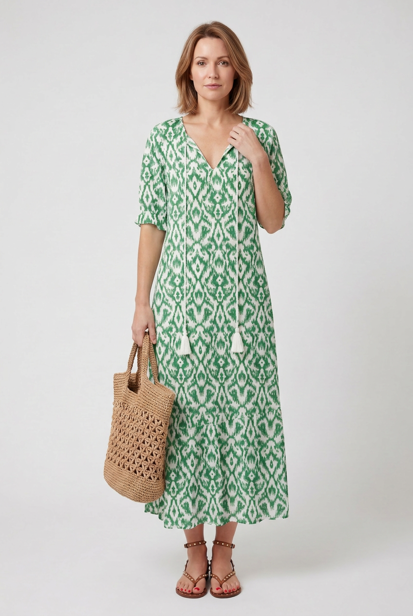 Womens Maxi Dress Boho Print Tie-Neck Tassel Detail
