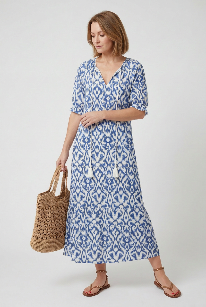 Womens Maxi Dress Boho Print Tie-Neck Tassel Detail
