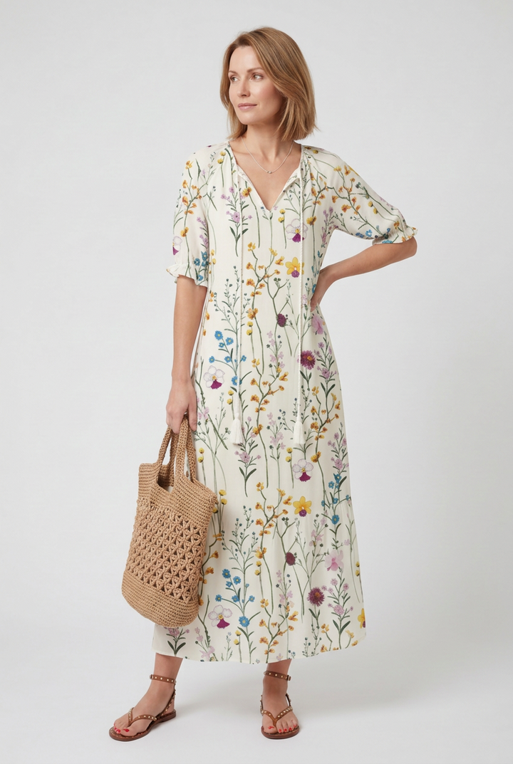 Womens Maxi Dress Boho Print Tie-Neck Tassel Detail