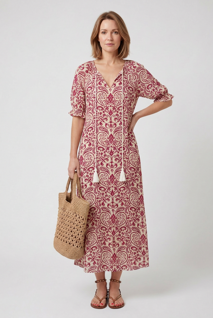 Womens Maxi Dress Boho Print Tie-Neck Tassel Detail