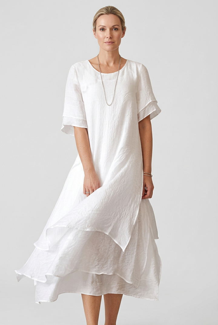 Womens Midi Dress Linen Look Double-Layer Hem - BritishMode