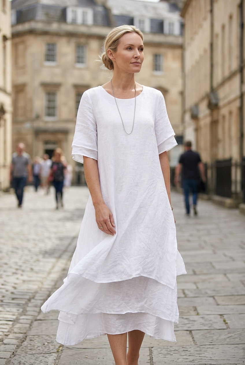 Womens Midi Dress Linen Look Double-Layer Hem