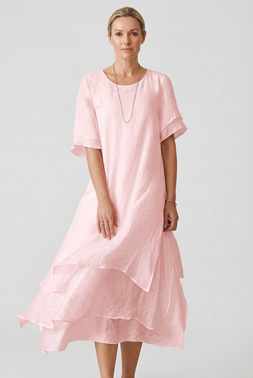 Womens Midi Dress Linen Look Double-Layer Hem