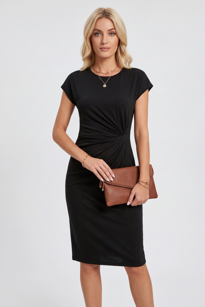 Womens Midi Dress Ruched Waist Cap Sleeve - BritishMode