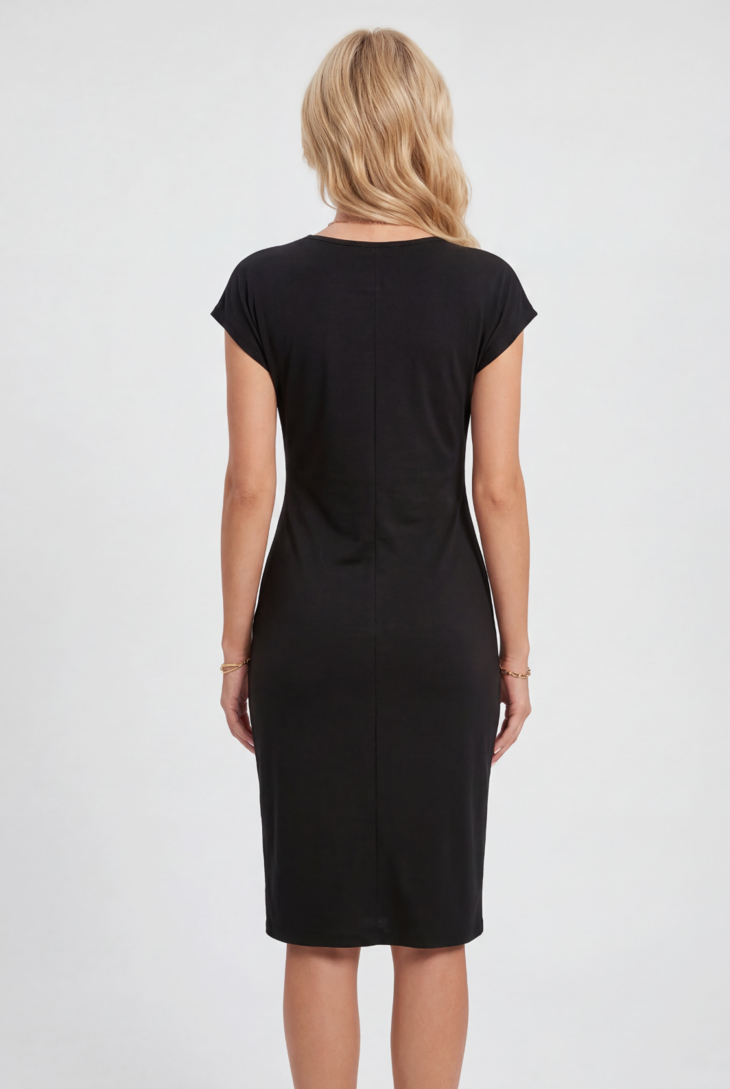Womens Midi Dress Ruched Waist Cap Sleeve