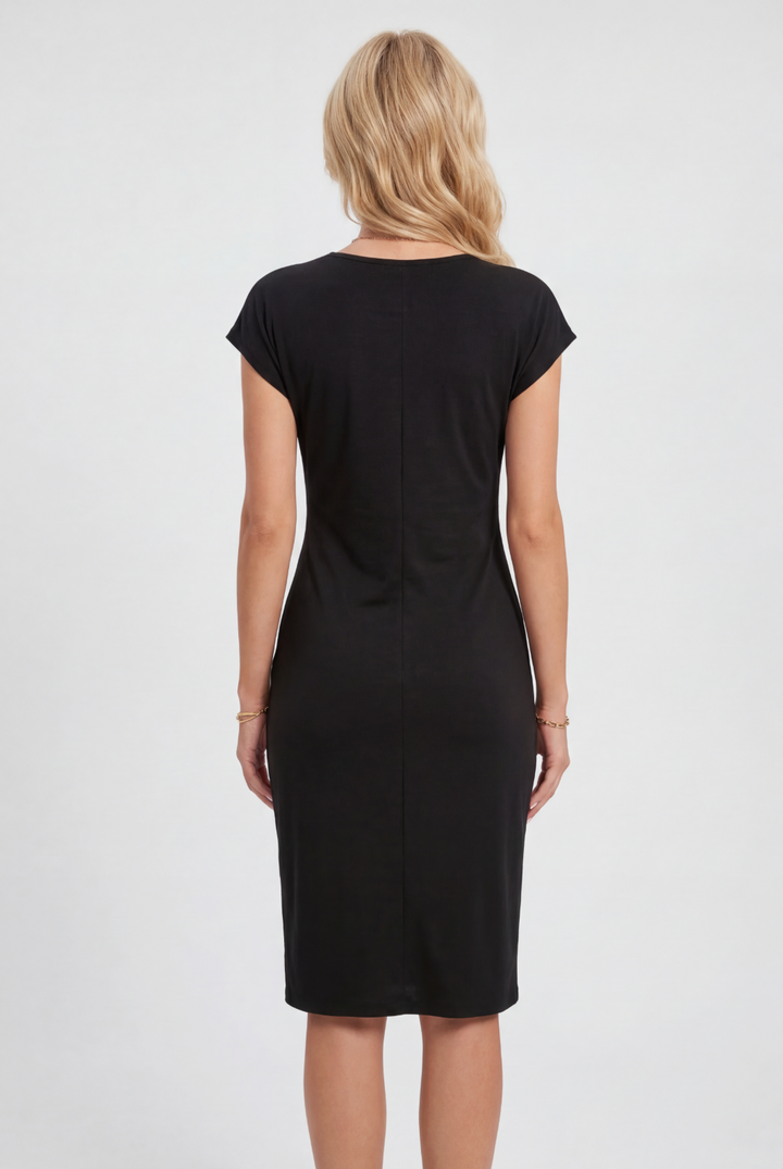 Womens Midi Dress Ruched Waist Cap Sleeve