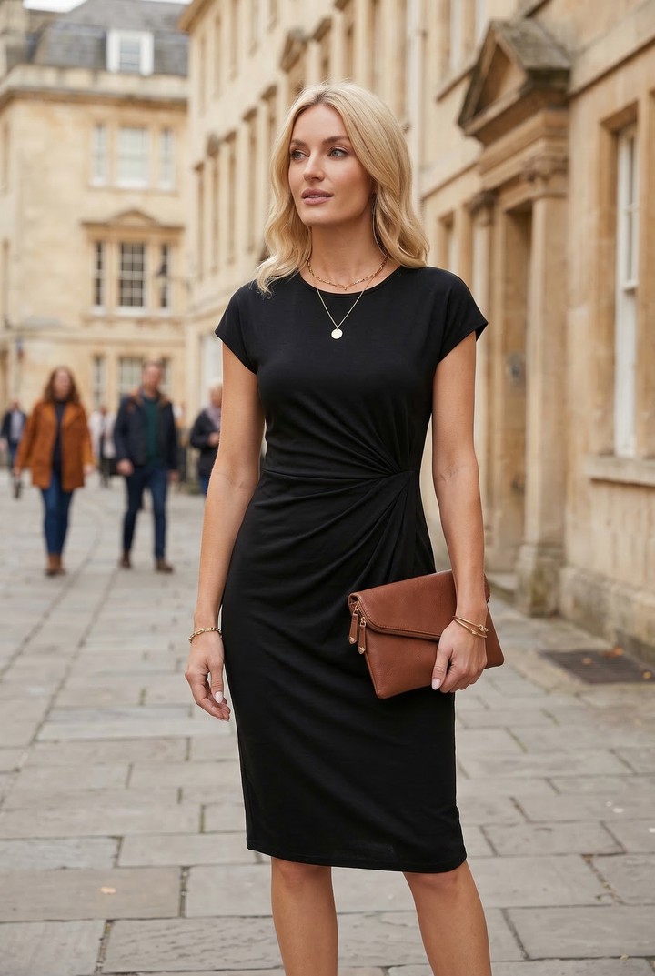 Womens Midi Dress Ruched Waist Cap Sleeve