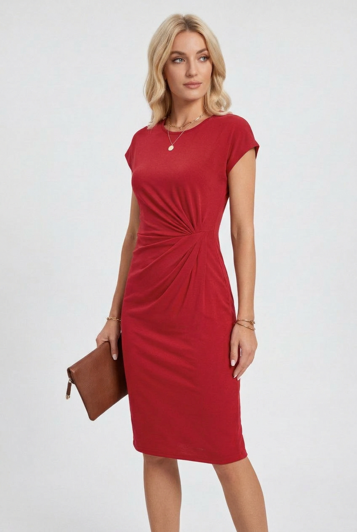 Womens Midi Dress Ruched Waist Cap Sleeve