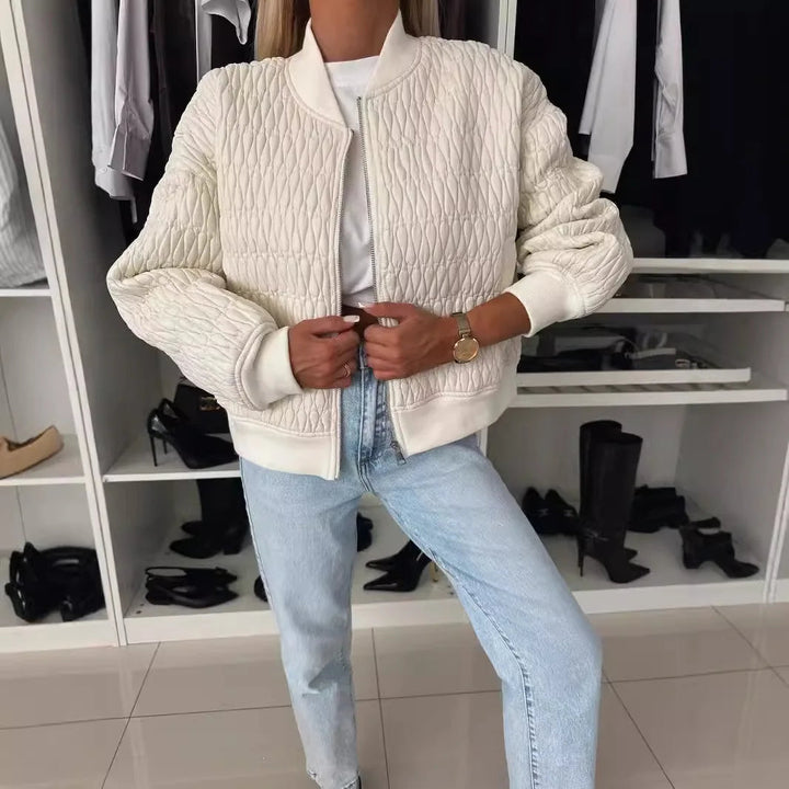 Womens Quilted Bomber Jacket with Zip Front and Ribbed Trim - BritishMode