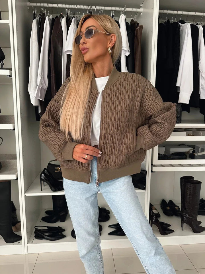 Womens Quilted Bomber Jacket with Zip Front and Ribbed Trim