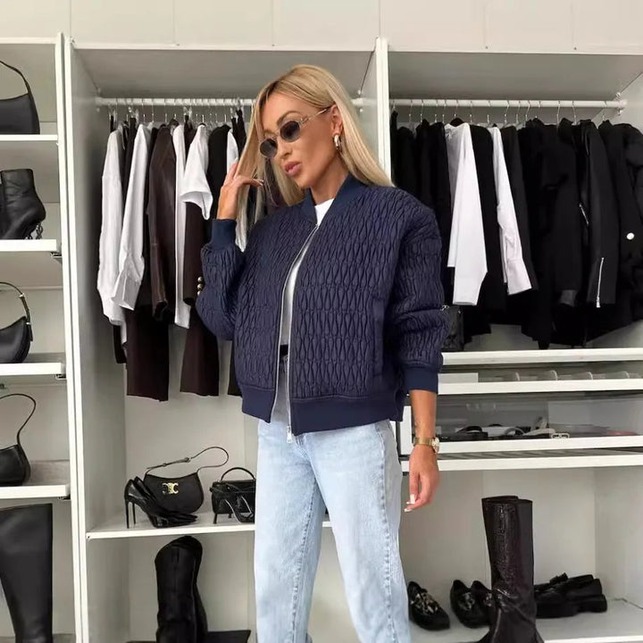 Womens Quilted Bomber Jacket with Zip Front and Ribbed Trim
