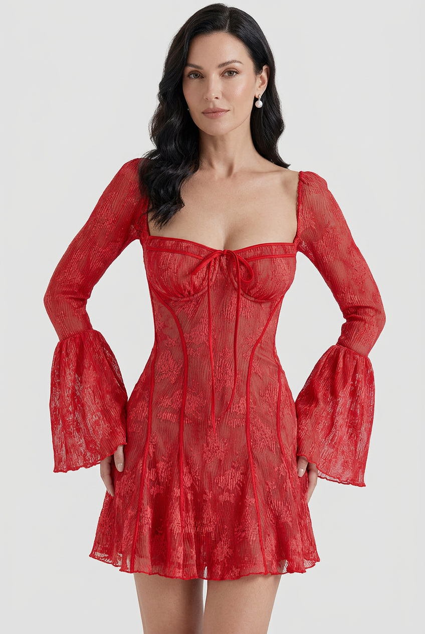 Womens Mini Dress Square Neck Flared Sleeves - BritishMode