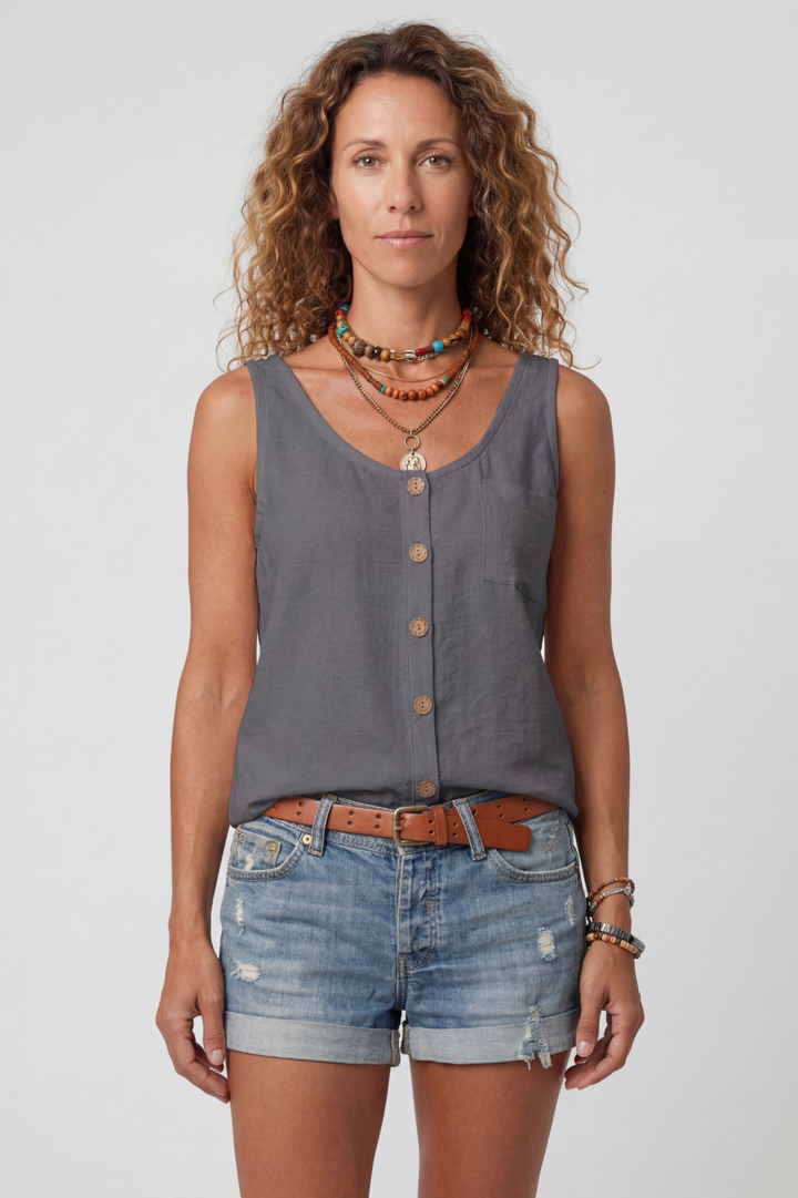 Womens Tank Top Cotton Button-Front Relaxed Fit - BritishMode