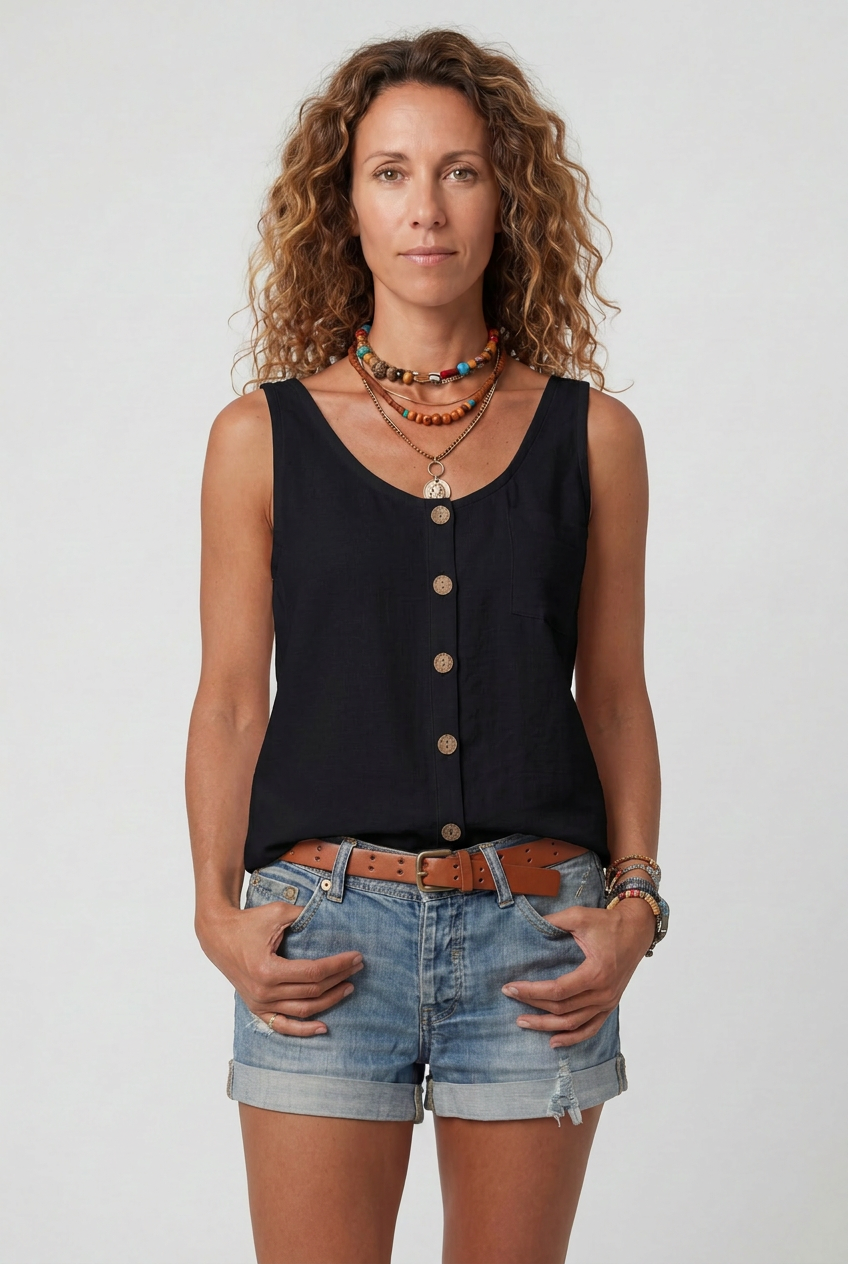 Womens Tank Top Cotton Button-Front Relaxed Fit