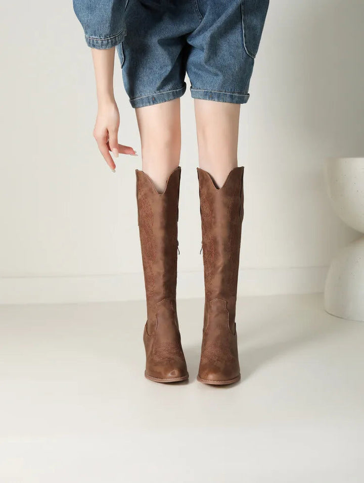 Womens Knee-High Boots Faux Leather Western Style