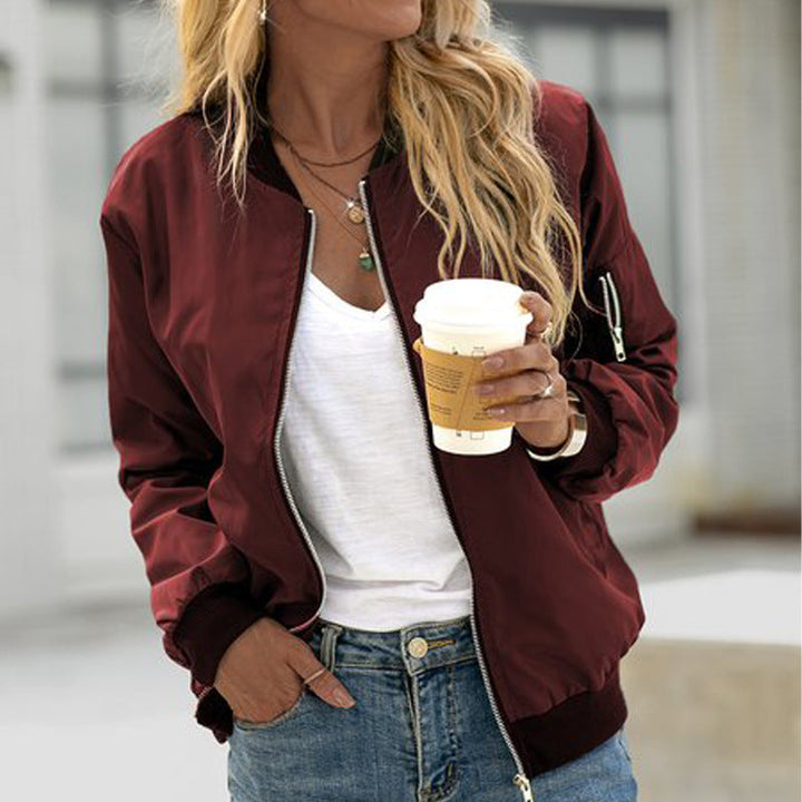 Womens Bomber Jacket with Zip-Up and Utility Sleeve Pocket