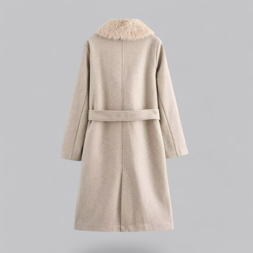 Womens Trench Coat Faux Fur Collar Double-Breasted Belted Longline