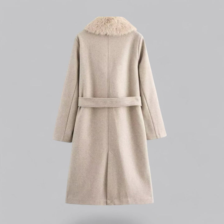Womens Trench Coat Faux Fur Collar Double-Breasted Belted Longline
