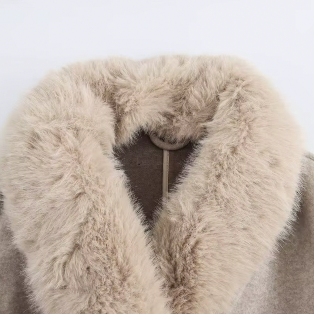 Womens Trench Coat Faux Fur Collar Double-Breasted Belted Longline