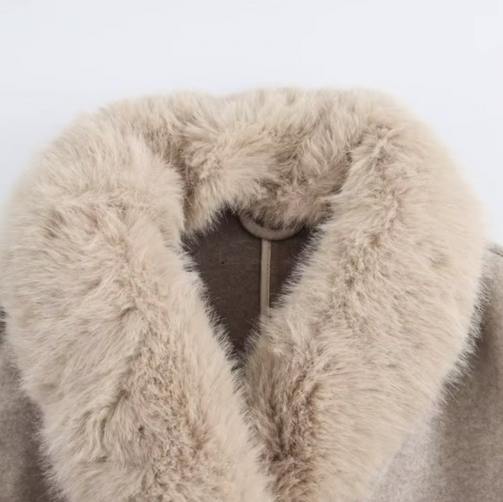 Womens Trench Coat Faux Fur Collar Double-Breasted Belted Longline