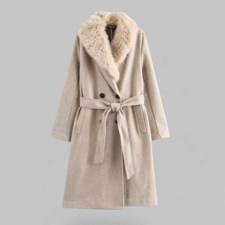 Womens Trench Coat Faux Fur Collar Double-Breasted Belted Longline - BritishMode