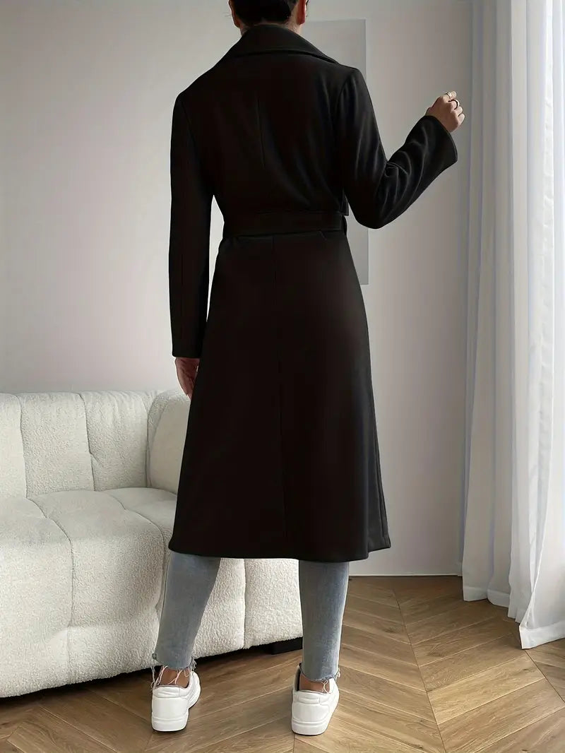 Womens Long Overcoat Wool Blend Belted Minimalist Lapel