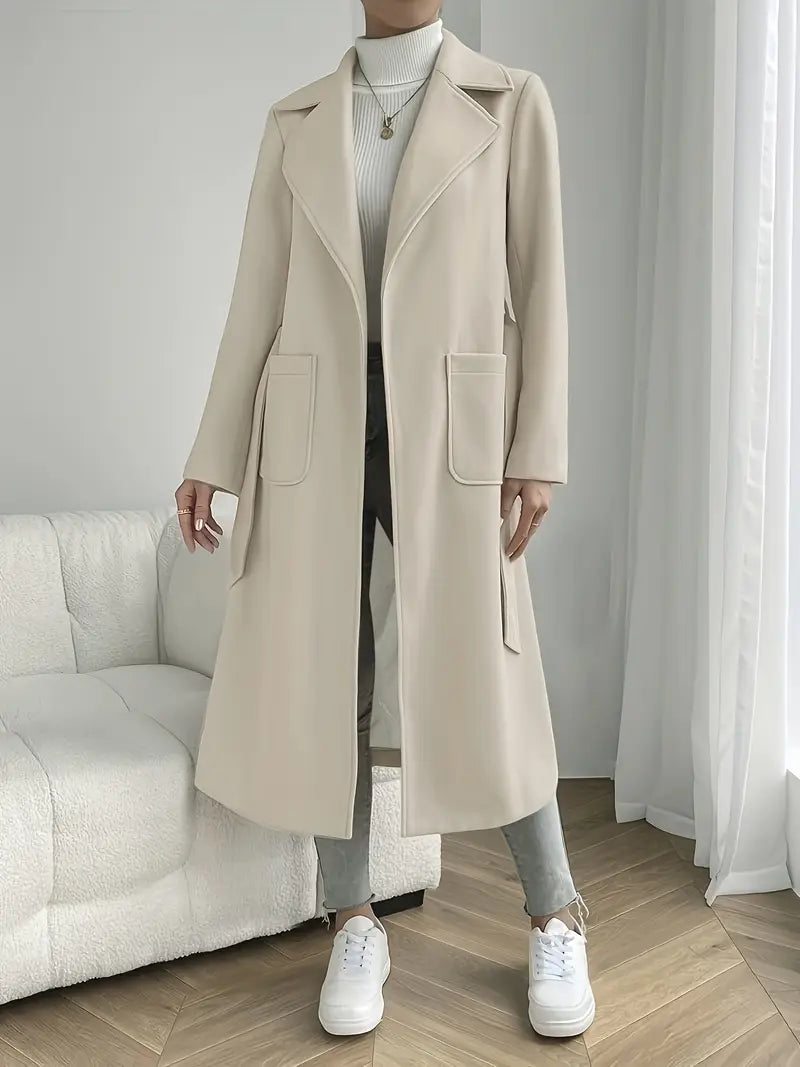 Womens Long Overcoat Wool Blend Belted Minimalist Lapel