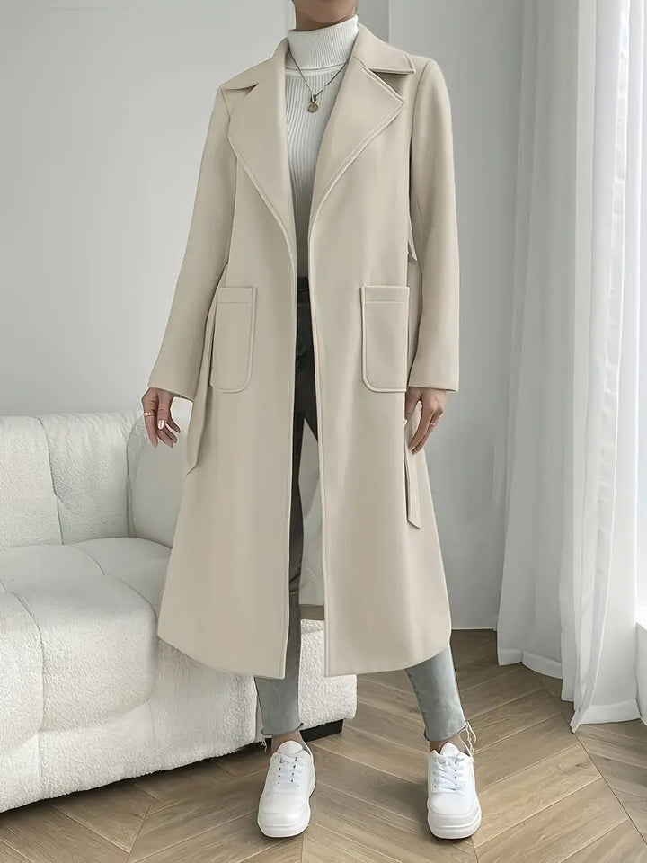Womens Long Overcoat Wool Blend Belted Minimalist Lapel